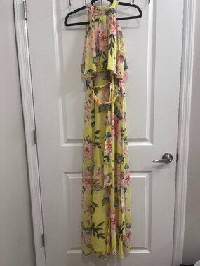 Eliza J Nordstrom Yellow Floral Chiffon Halter Wedding Guest Maxi Dress 4